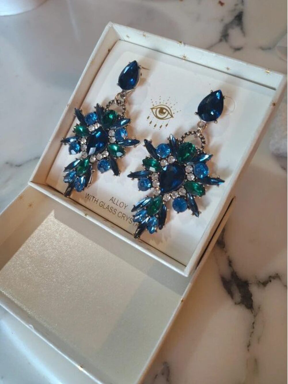 NIB Eye Candy Blue Green Crystal Floral Drop Statement Earrings Glass Crystals
